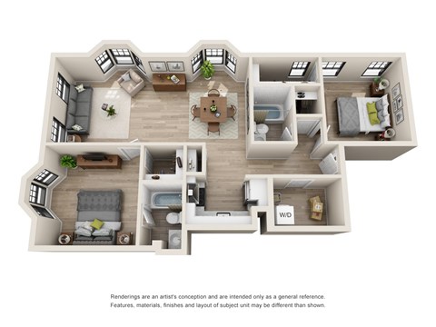 Floor plan for 2 beds, 2 baths, 935 sqft